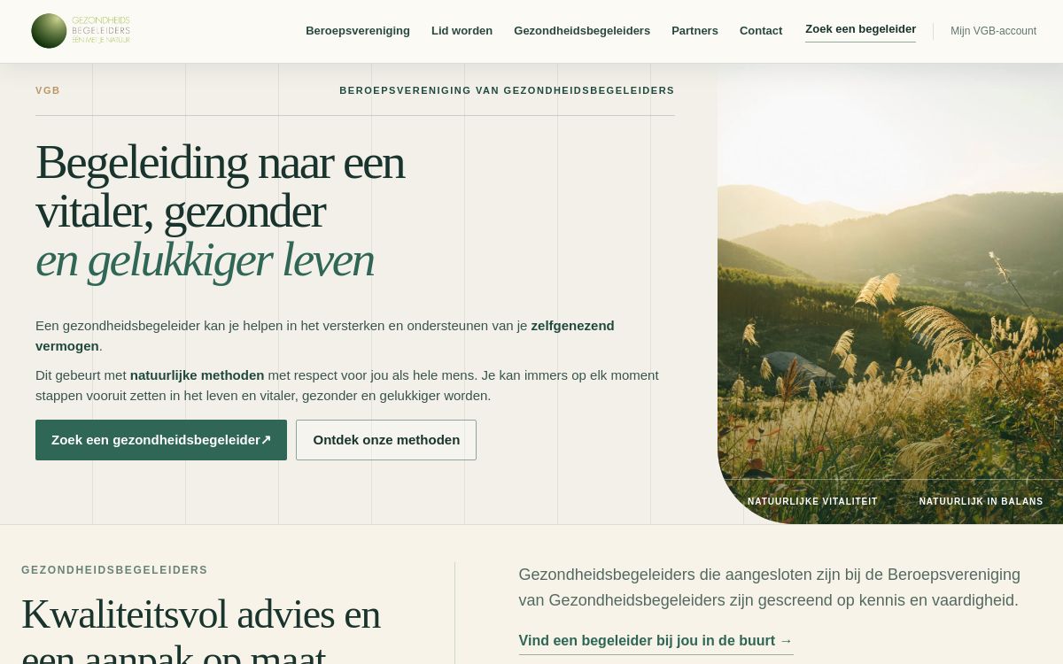 Screenshot van de website van de Beroepsvereniging van Gezondheidsbegeleiders