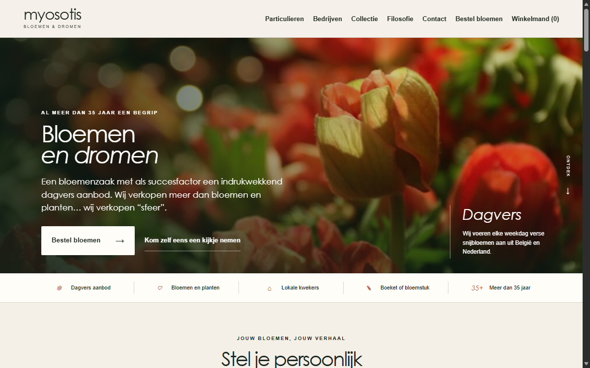 Screenshot van de website van Myosotis Bloemen en Dromen