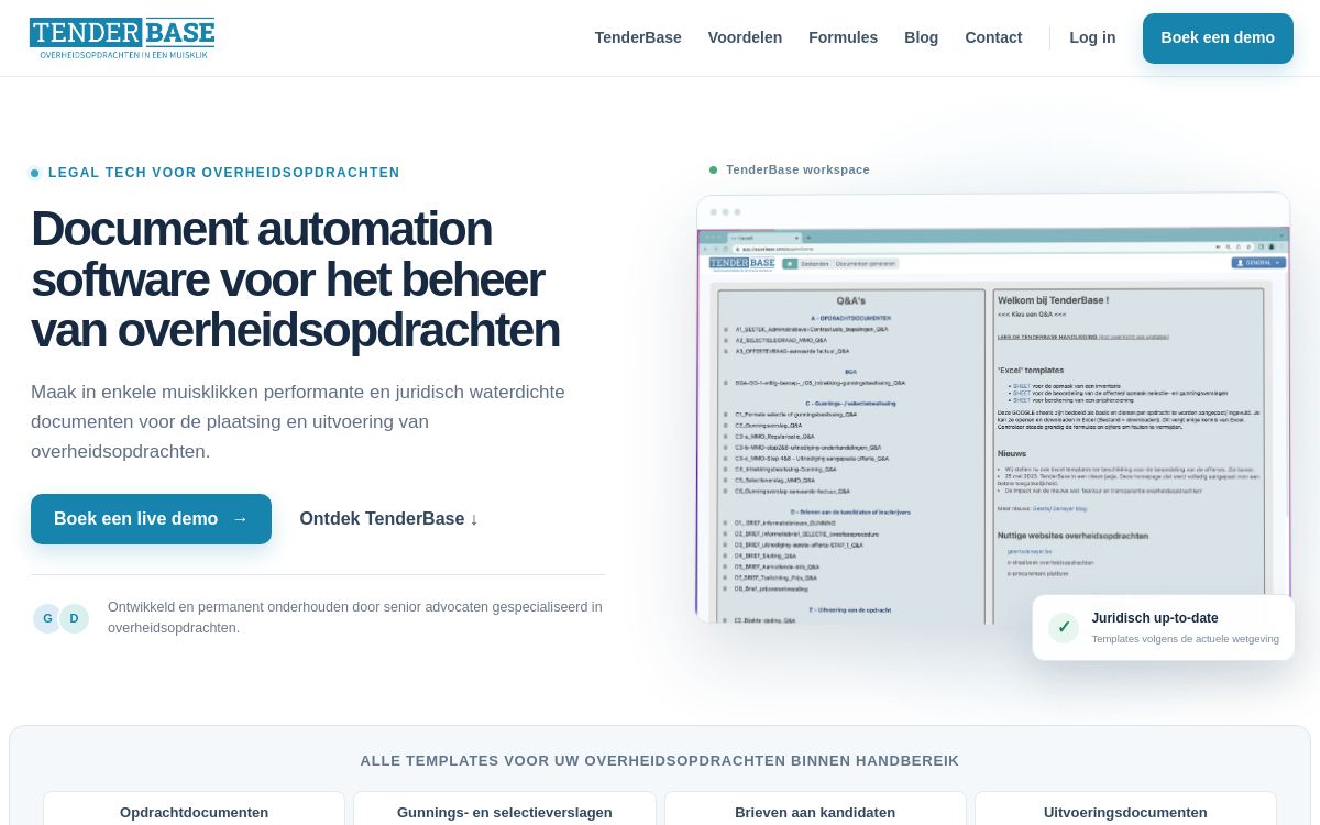 Screenshot van de website van TenderBase